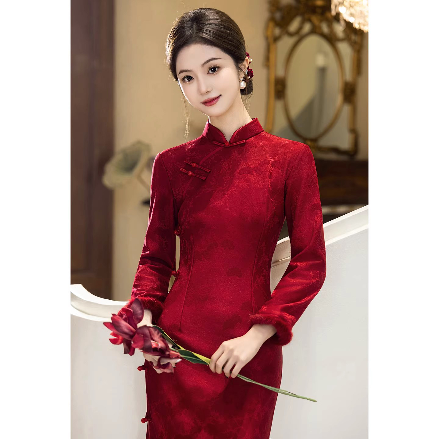 红色旗袍长袖订婚礼服连衣裙冬季