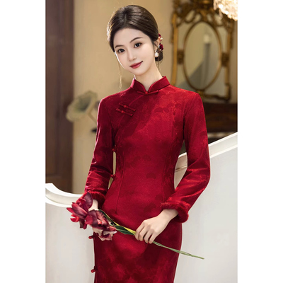 红色旗袍长袖订婚礼服连衣裙冬季