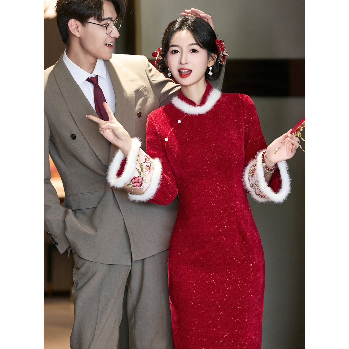 敬酒服冬款红色新中式加绒加厚冬