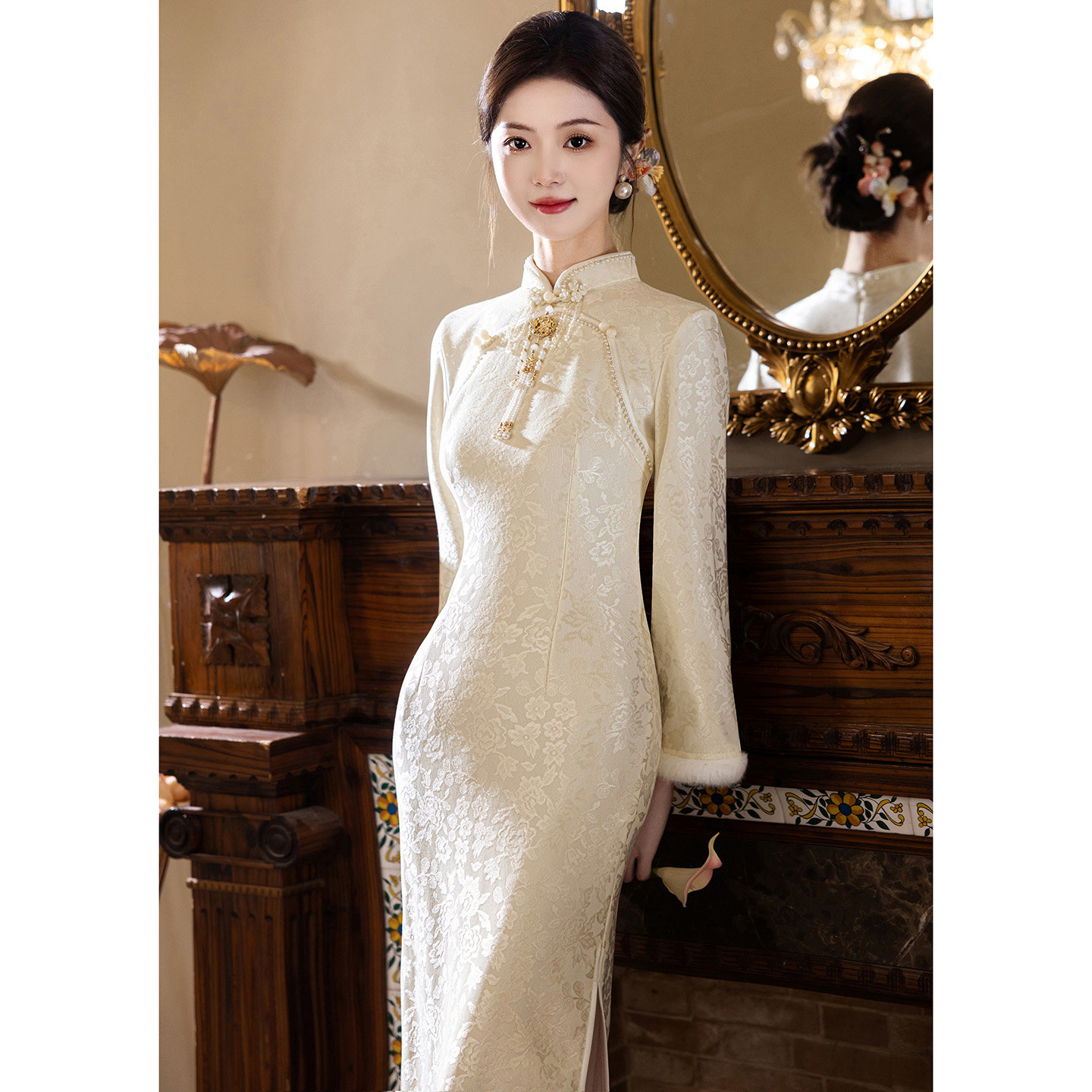 订婚旗袍冬装加绒加厚蕾丝连衣裙