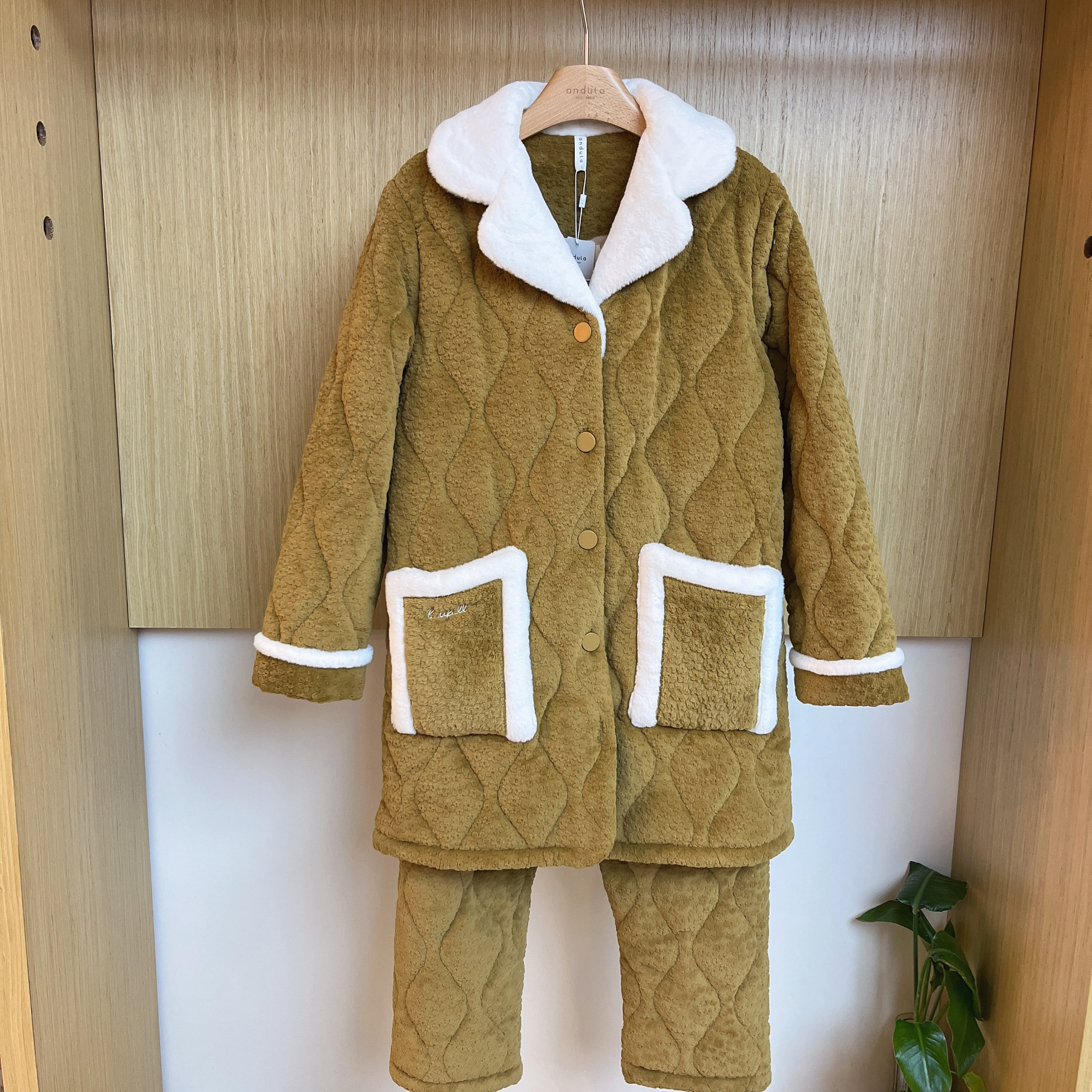 安杜拉 冬季女士加绒加厚夹棉中长款翻领保暖家居服睡衣套装48803