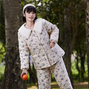 韩蜜蜜冬款女士羽绒棉碎花加绒外穿修身夹棉睡衣家居服套装702762
