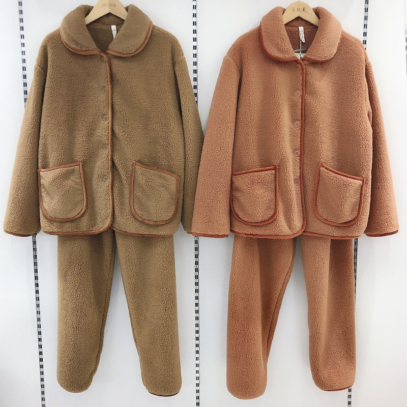 多拉美冬款加厚小翻领纯色简约复合绒女士简约睡衣家居服套L43231