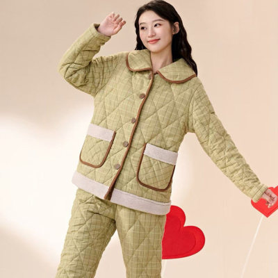多拉美冬款加厚翻领色织格夹棉女士加绒修身睡衣家居服套54912059