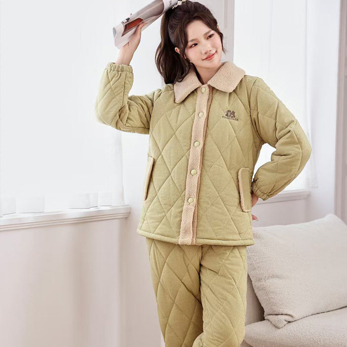 多拉美冬款 加厚翻领梭织夹棉女士格子加绒修身睡衣家居服2453237