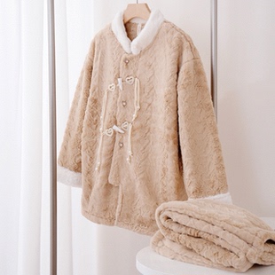 高货 安杜拉冬女立领兔毛绒加厚加绒珍珠扣睡衣家居服套34085