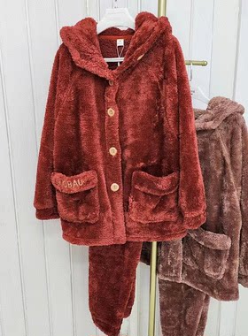 多拉美女士春秋长袖连帽 珊瑚绒对襟加厚时尚家居服睡衣套装43143