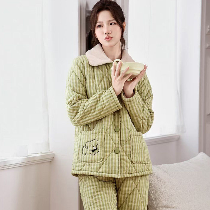 多拉美 冬季女士梭织格子夹棉加睡衣/家居服套装