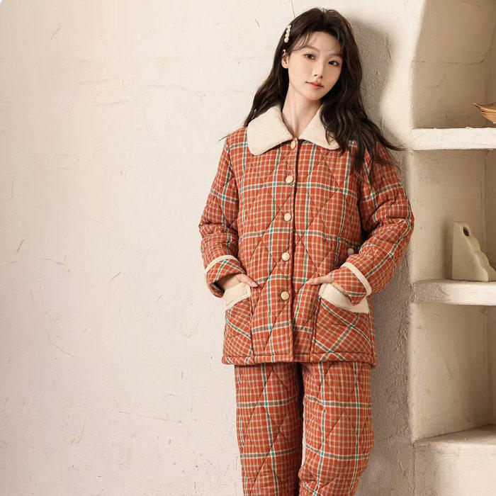 多拉美冬款加厚翻领梭织格子修身睡衣/家居服套装