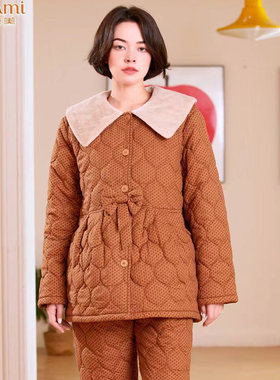 多拉美冬季新款女士可爱娃娃领梭织薄夹棉修身睡衣家居服套53306