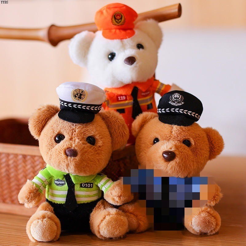 熊机车交警现货毛绒公仔挂饰小号警察消防挂件熊书包玩偶
