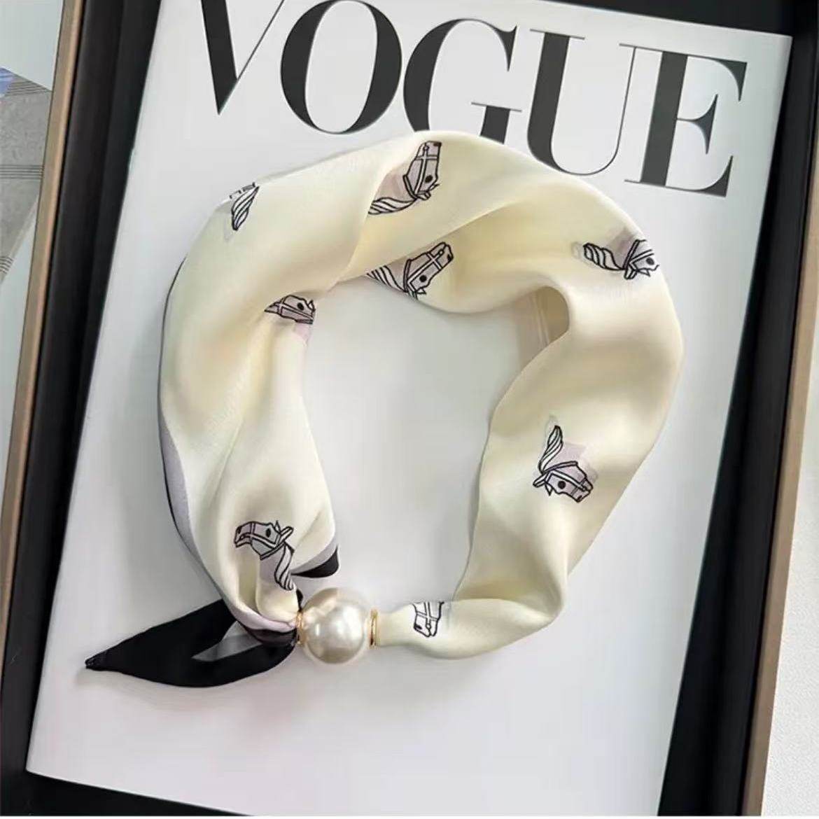 2025春夏新款珍珠磁吸扣丝巾女百搭气质护颈围脖装饰锁骨薄款围巾