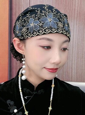 2024夏季新款蕾丝刺绣包头帽女百搭遮白发帽子透气妈妈盘发发带帽