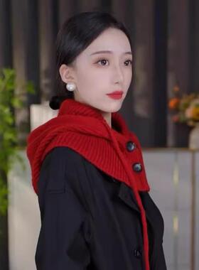 2026秋冬新款纯色纽扣针织帽女围脖一体护颈保暖毛线帽防寒包头帽