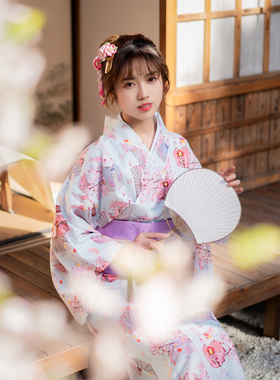 日式和风浴衣文艺蓝色桃花祈愿兔可爱少女日系改良和服约拍写真服