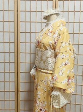 少女日式浴衣鹅黄花朵印花图案yukata传统和服小纹抗皱面料旅拍