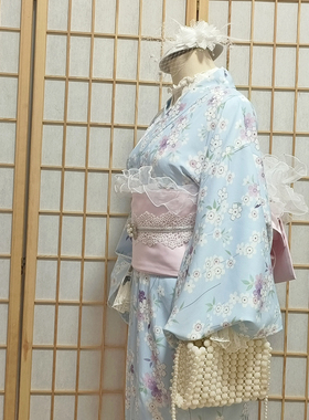 少女日式浴衣淡蓝色花朵印花图案yukata传统和服小纹古典和洋风格