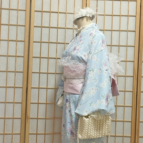 少女日式浴衣淡蓝色花朵印花图案yukata传统和服小纹古典和洋风格