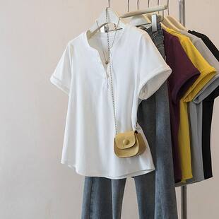 200斤特大码 T恤女宽松显瘦百搭纽扣亨利领上衣 胖mm减龄休闲风短袖