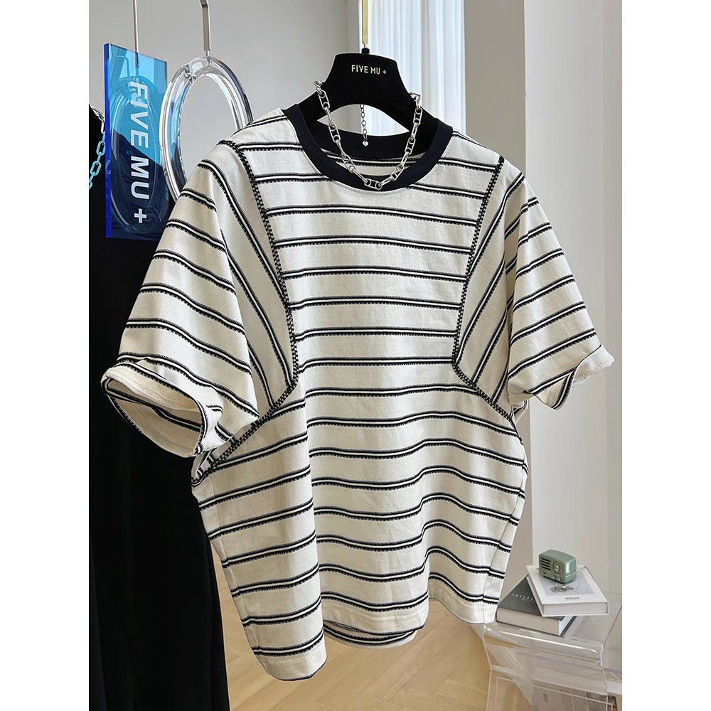 240斤大码蝙蝠袖设计感小众条纹短袖T恤男女通用夏季宽松休闲上衣