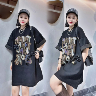 T恤女2023夏季 镶钻短袖 洋气百搭宽松上衣潮 欧洲站中长款 300斤大码