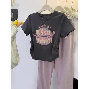 收腰设计感小众修身 200斤大码 T恤女夏季 字母印花短袖 显瘦上衣 法式