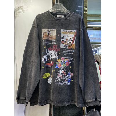 200斤大码欧货胖MM新款卡通印花圆领内搭女秋季美式复古宽松上衣