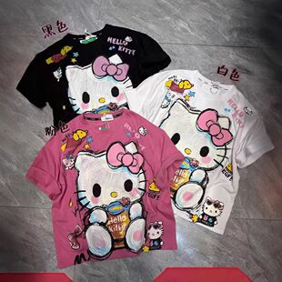 200斤大码2025夏季新款卡通KT猫印花短袖T恤女宽松百搭减龄上衣女