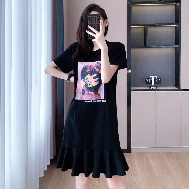 夏季欧货鱼尾连衣裙女夏季新款宽松遮肚子减龄显瘦短袖T恤中长裙