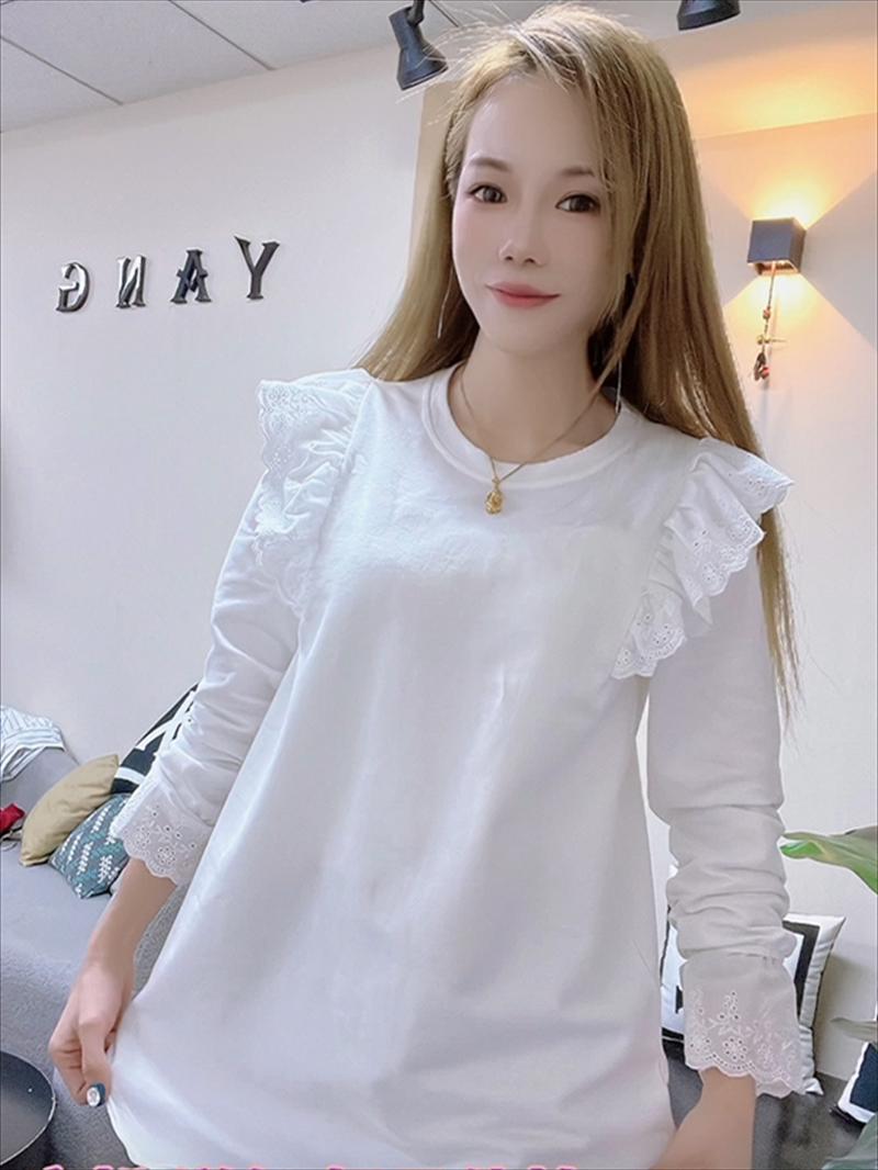 打底衫纯棉女甜美长袖镂空