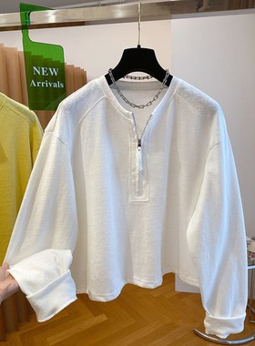 200斤大码韩系半拉链黄色t恤女长袖2025新款宽松内搭打底衫上衣春