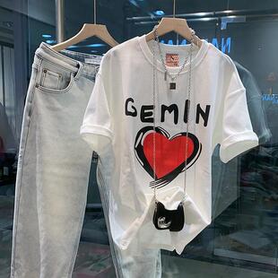 韩版 洋气减龄短袖 爱心印花圆领打底衫 新款 T恤 女2024夏季 200斤大码