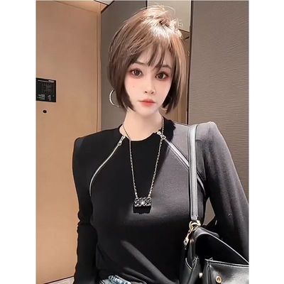 200斤大码高级感小众双斜边拉链长袖t恤女秋勤穿搭修身显瘦打底衫