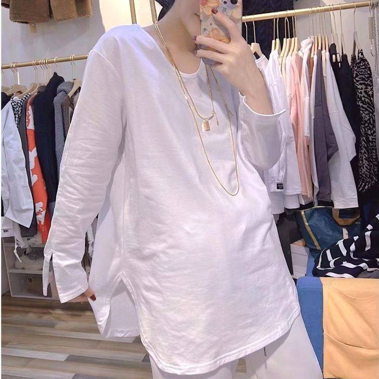 300斤特大码春秋季袖口开叉打底衫女百搭宽松圆领薄款纯色长袖t恤