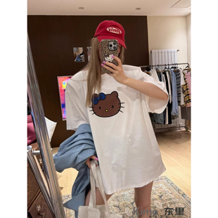 卡通KT猫白色T恤女百搭休闲慵懒风 宽松显瘦圆领短袖 200斤大码 韩版