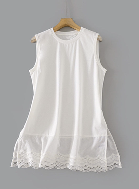 200斤大码精致蕾丝花边下摆圆领背心~叠穿白色T恤无袖打底衫女