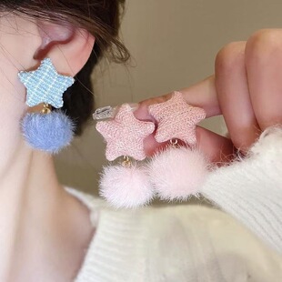 耳环气质耳饰女 E30银针毛绒星星格纹圆圈耳钉秋冬甜美少女时尚