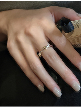 J43金银撞色麻花戒指s925纯银色韩国风简约时尚复古指环礼物女