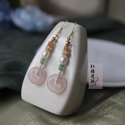 G09新中式粉晶平安扣耳坠汉服古风旗袍耳饰耳环耳夹红楼遗韵耳钩