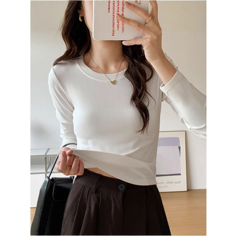 灰色圆领长袖T恤女装2025秋冬季新款紧身打底衫白色修身短款上衣