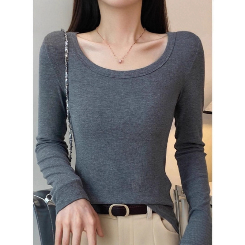 白色长袖t恤女修身棉质正肩U领显瘦上衣2025新款内搭打底衫ins风