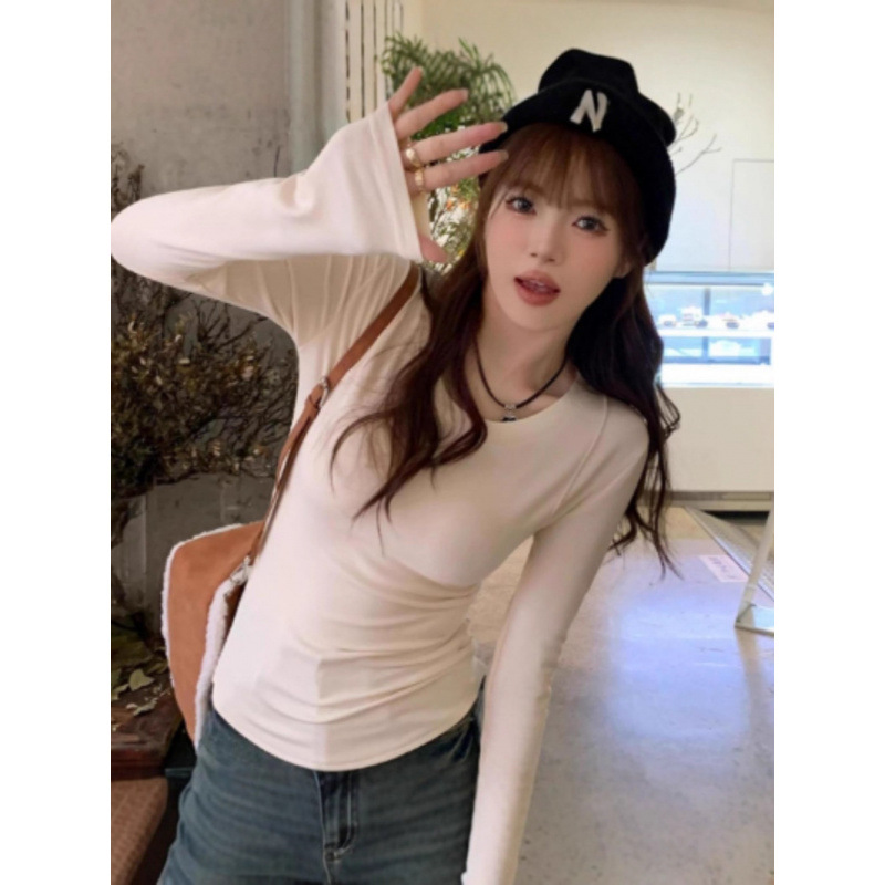 灰色圆领修身显瘦打底衫内搭袖上衣复古港风设计感短款T恤95棉