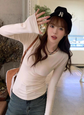 灰色圆领修身显瘦打底衫内搭袖上衣复古港风设计感短款T恤95棉