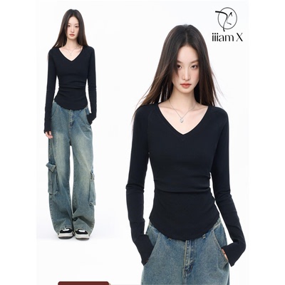 iiiamX黑色v领加厚加绒打底衫女修身内搭t恤纯棉长袖上衣2024冬季