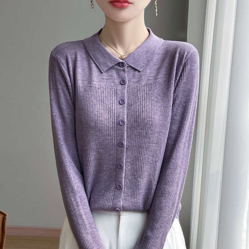 POLO领针织开衫毛衣女春秋新款气质通勤修身翻领超细薄款外套上衣