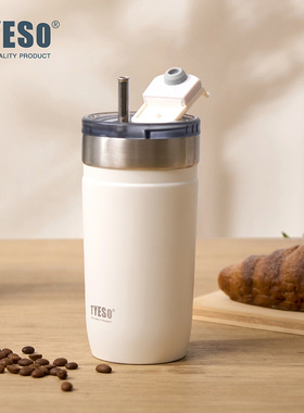 TYESO双饮304不锈钢保温咖啡杯女大容量高颜值便携办公吸管水杯子