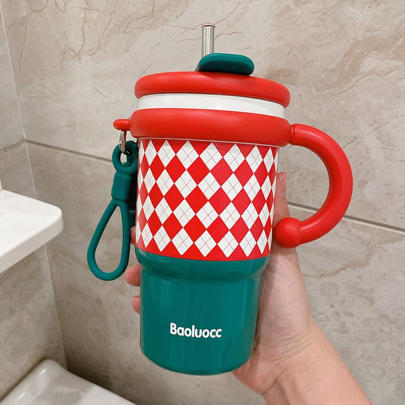 高颜值女生不锈钢咖啡保温杯便携吸管杯多巴胺大容量杯手柄冰霸杯