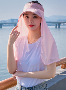 防晒遮阳帽帘子女夏季护颈脖子面纱冰丝防晒面罩长披肩全脸头盔