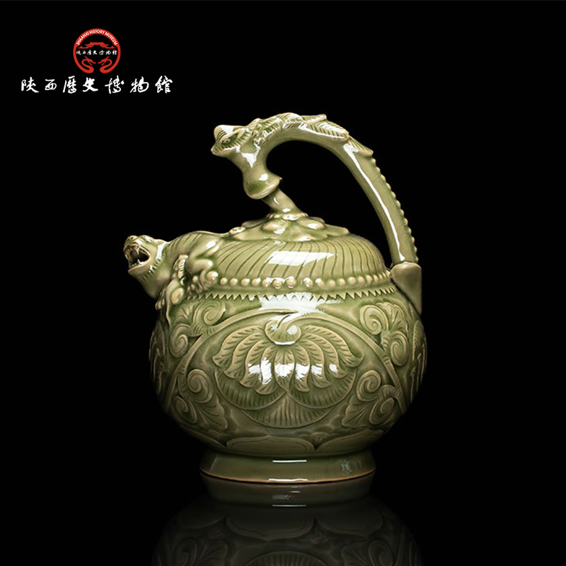 陕历博陶瓷青釉提梁倒流壶国风