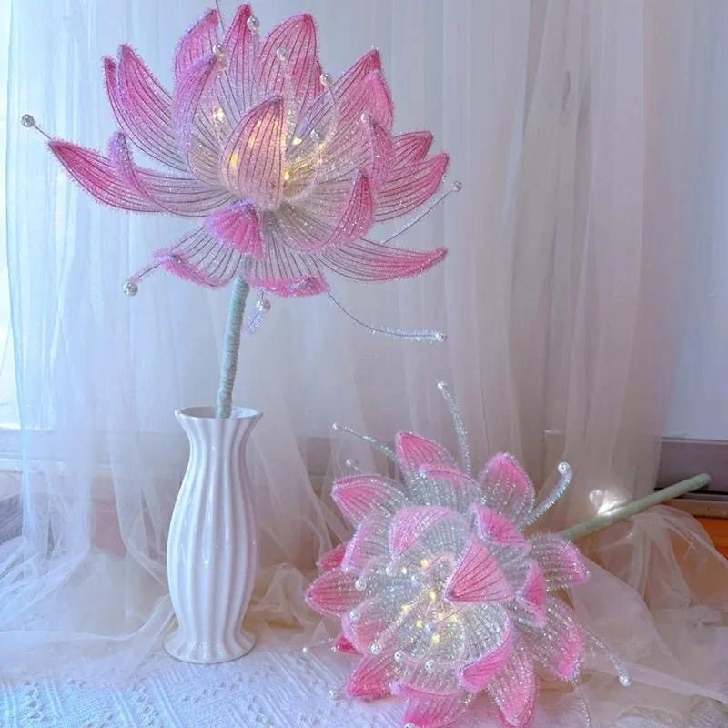 中秋节花灯水晶荷花莲花手拿棒雪寒薇花扭扭棒编织diy手工材料包